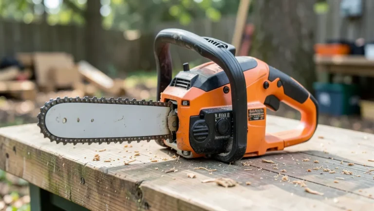 Battery-powered electric top handle chainsaw resting on an outdoor workbench