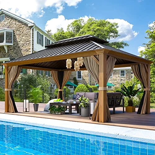 EROMMY 12' x 16' Gazebo, wooden finish coated aluminum frame with double galvanized steel hardtop roof