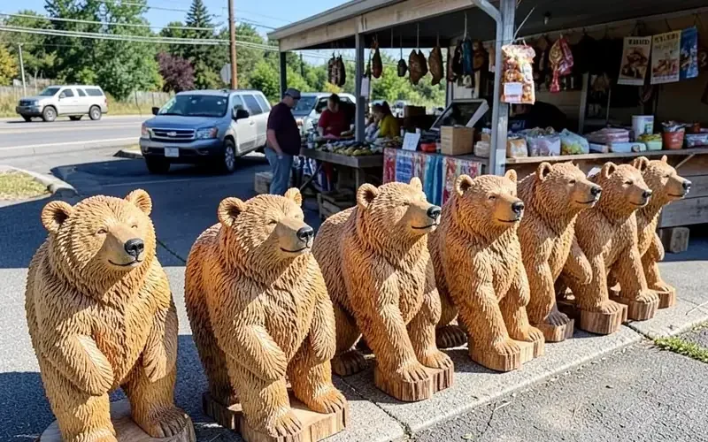 Row of finished chainsaw-carved wooden bear sculptures displayed outdoors