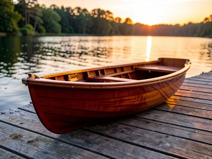 Finished wooden boat with a glossy spar varnish finish on a dock