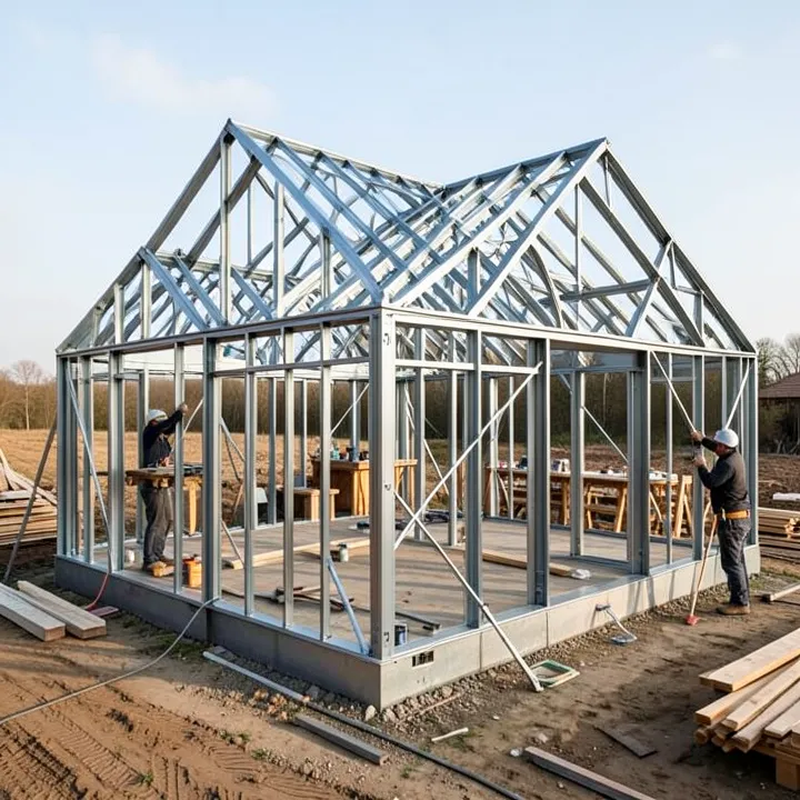 steel frame house under construction with worker installing metal roof trusses
