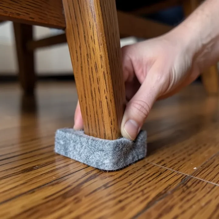 installing a self-stick felt glide pad on a chair leg