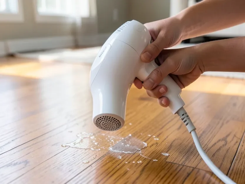 Hair dryer softening adhesive residue on a wood floor before scraping
