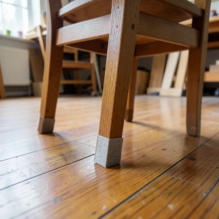 self-adhesive felt pads applied to the bottom of wooden chair legs protecting a hardwood floor from scratches