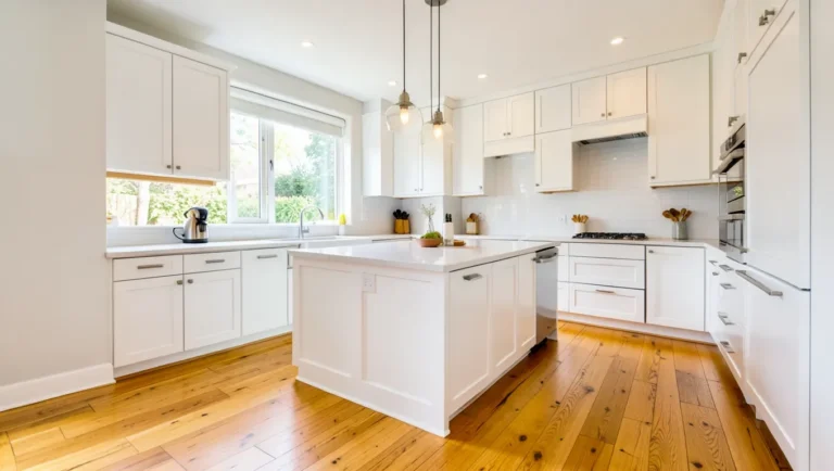 Bright kitchen with warm honey oak hardwood flooring and white shaker cabinets