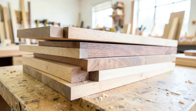 Stack of hardwood lumber boards in a woodworking shop