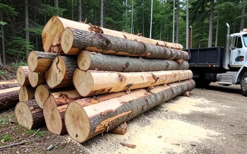 Harvested hardwood logs stacked at a forest landing next to a log truck Harvested hardwood logs stacked at a forest landing next to a log truck