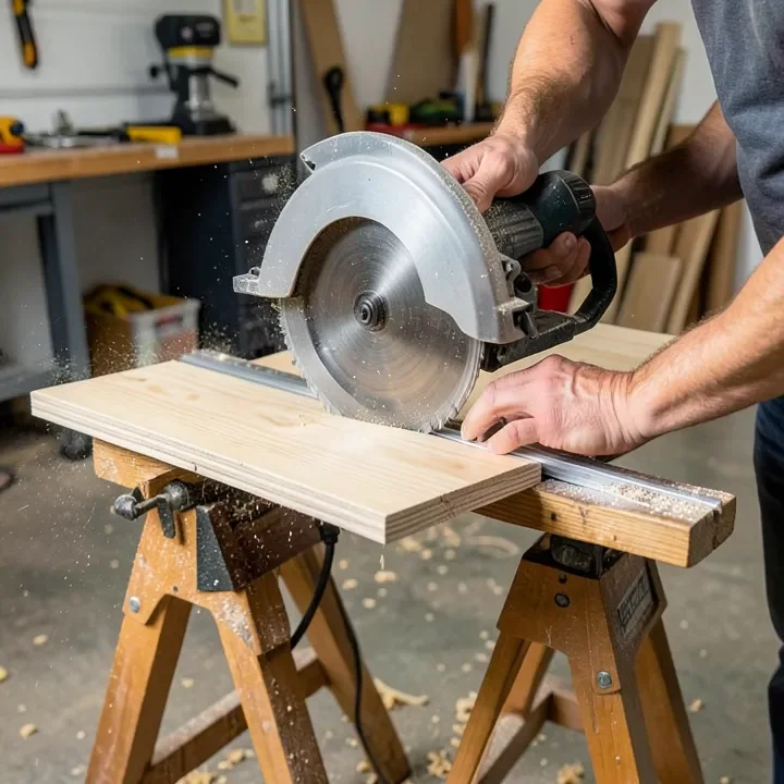 circular saw guided by a clamped straight edge cutting plywood supported on sawhorses