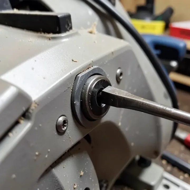 close-up of a circular saw blade depth adjustment lever being set