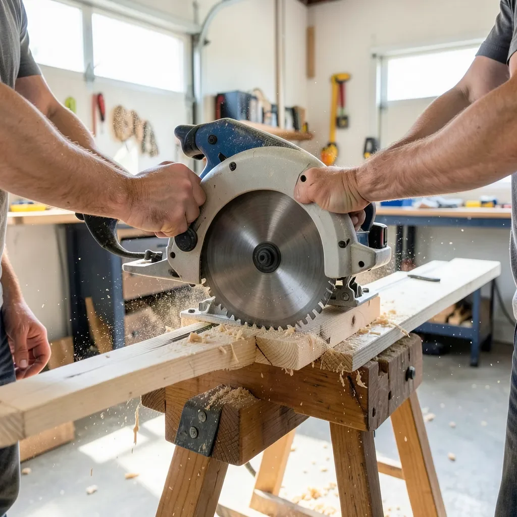 Hands guiding a circular saw through a wood board supported on sawhorses