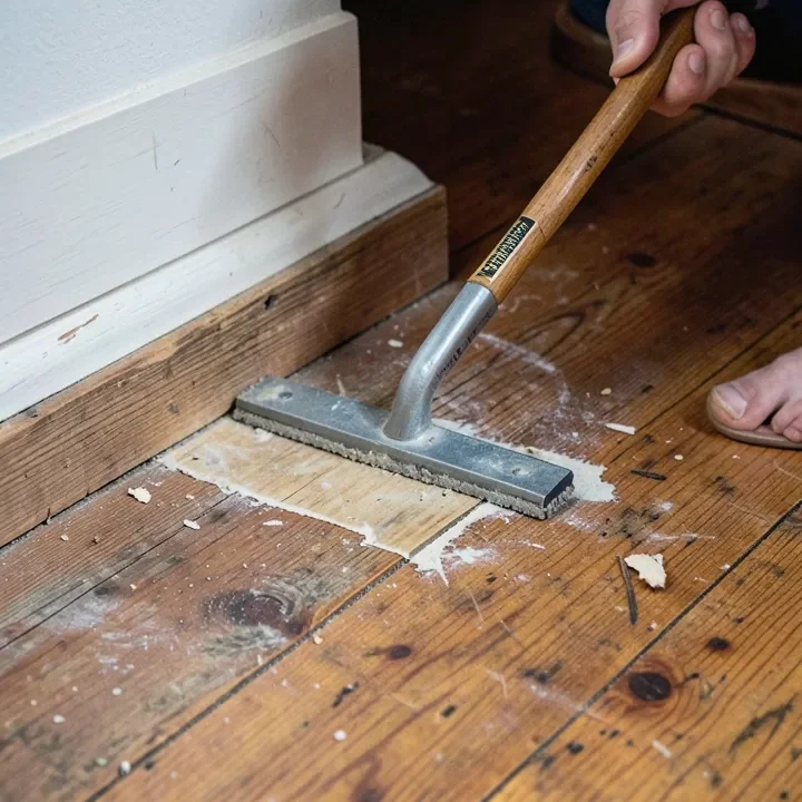 Floor scraper removing a glued hardwood board after heating the adhesive