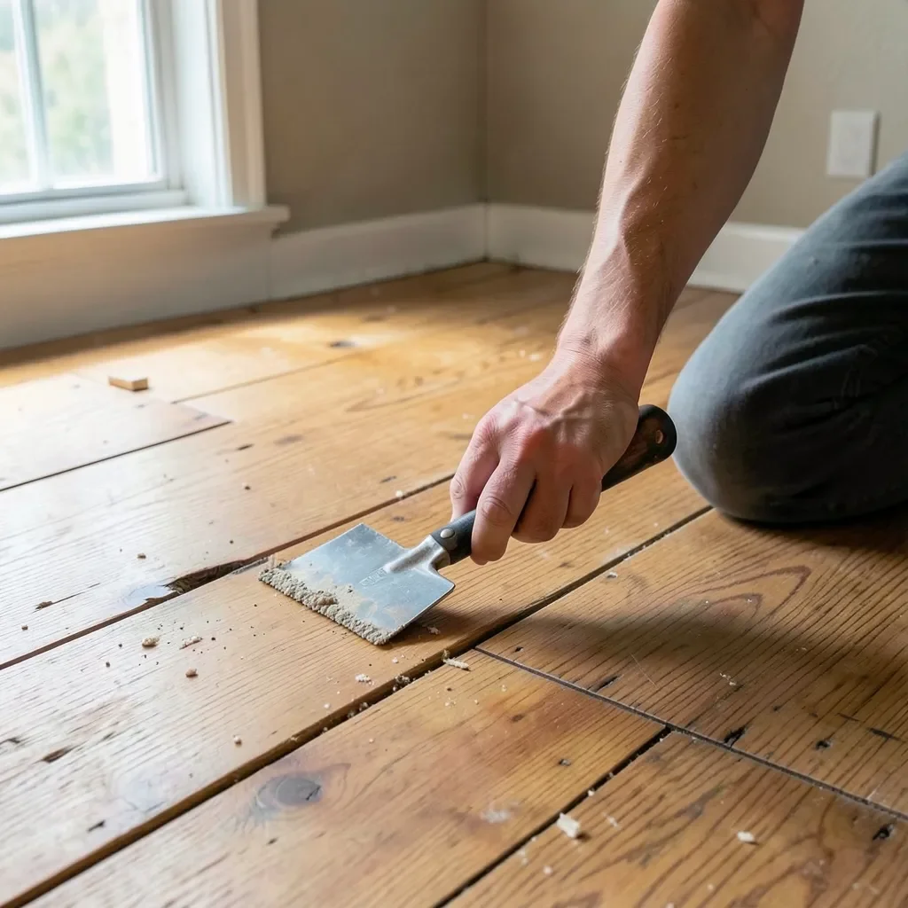 Removing glued-down hardwood flooring boards with a scraper