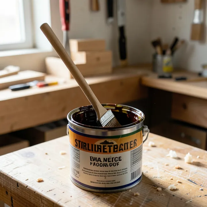 Stirring wood stain and thinner together in a can with a wooden stir stick