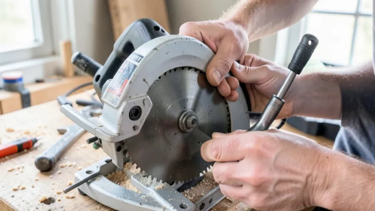 Installing a circular saw blade onto the arbor with a blade wrench