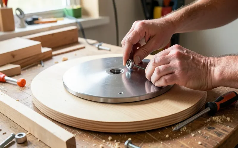 Installing a lazy Susan turntable ball bearing hardware kit onto a wooden disc for a DIY spice rack