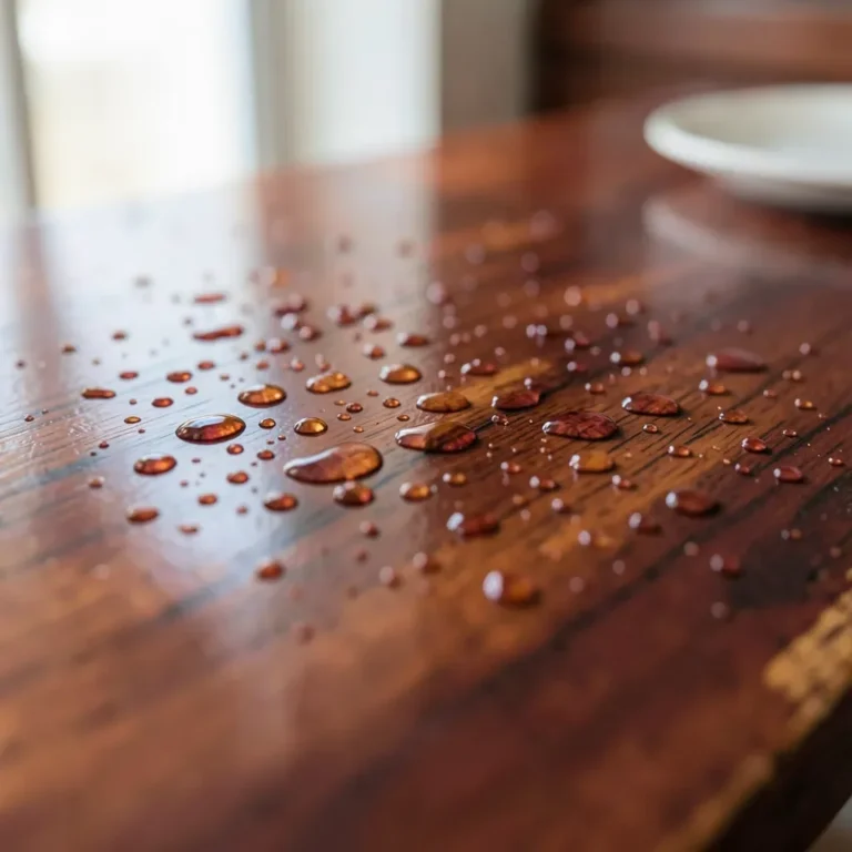 Water droplets beading on a polished cherry wood surface