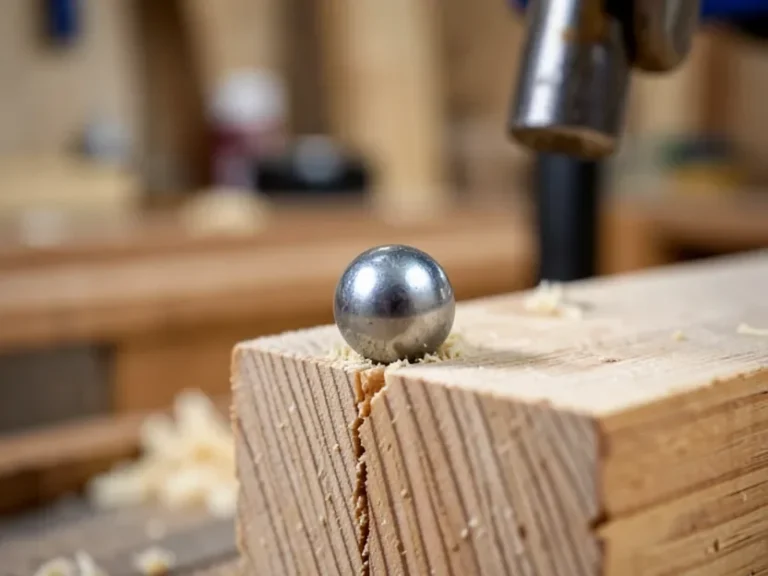 Steel ball indenter used in the Janka hardness test pressed into a wood sample