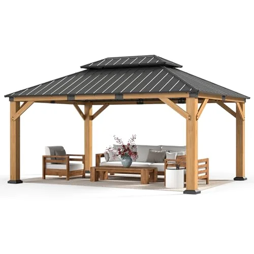 Jocoevol 12x16 FT FSC-certified cedar wood gazebo with double galvanized steel hardtop roof