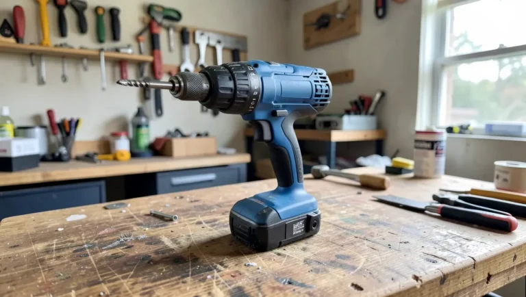 Cordless power drill on a workbench