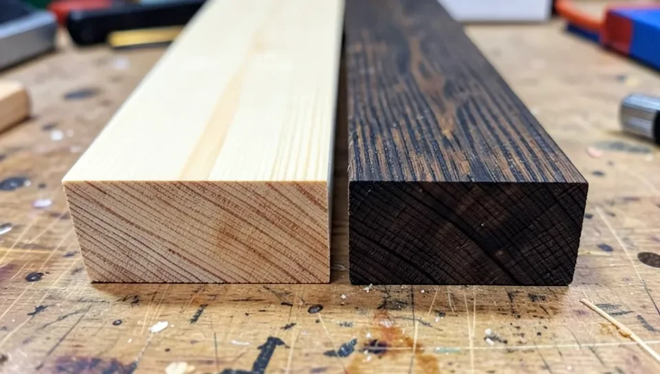 Light balsa wood board next to a dense dark hardwood board showing density difference