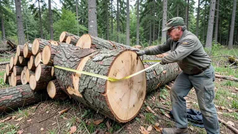 Freshly cut hardwood logs in a forest clearing with a diameter tape measuring the largest log