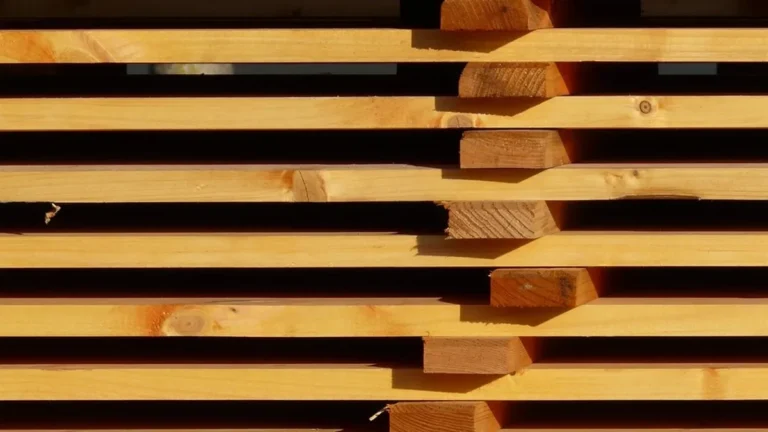Stacked kiln-dried lumber boards separated by sticker strips at a lumber yard