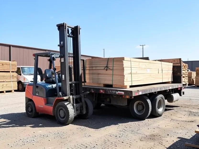 Forklift loading a pallet of lumber onto a flatbed truck