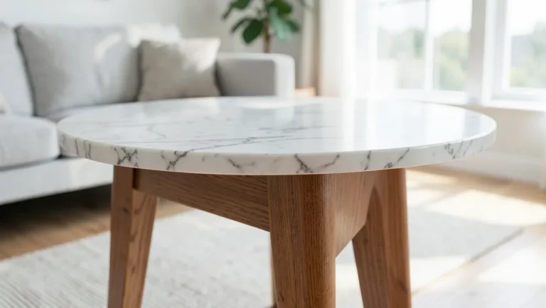 Round marble tabletop bonded to a solid wood table base in a living room