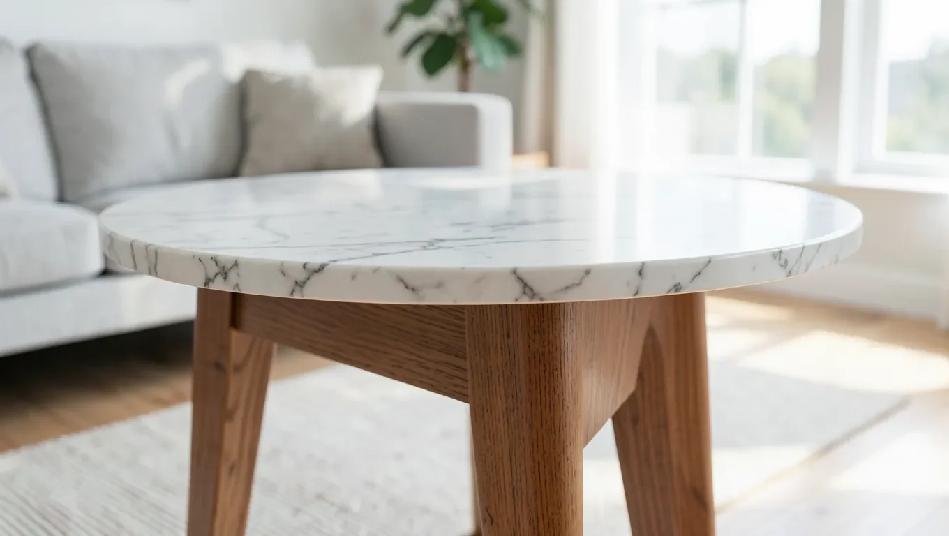 Round marble tabletop bonded to a solid wood table base in a living room