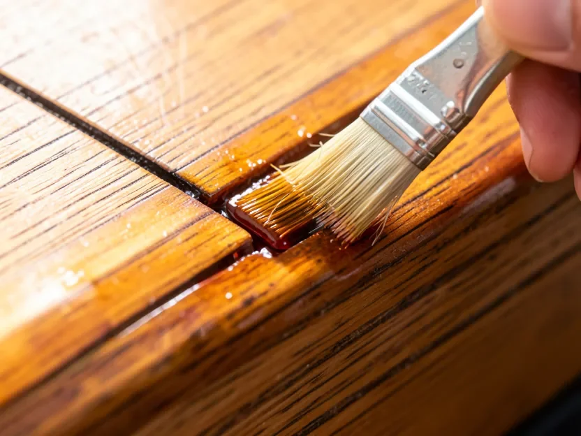 Marine epoxy resin being applied to a wooden boat hull seam