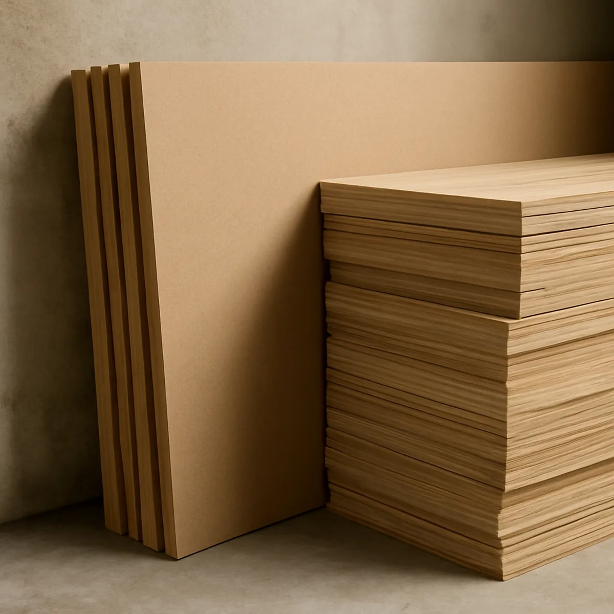 MDF board and plywood sheets stacked in a workshop, the two most common ping pong table panel materials