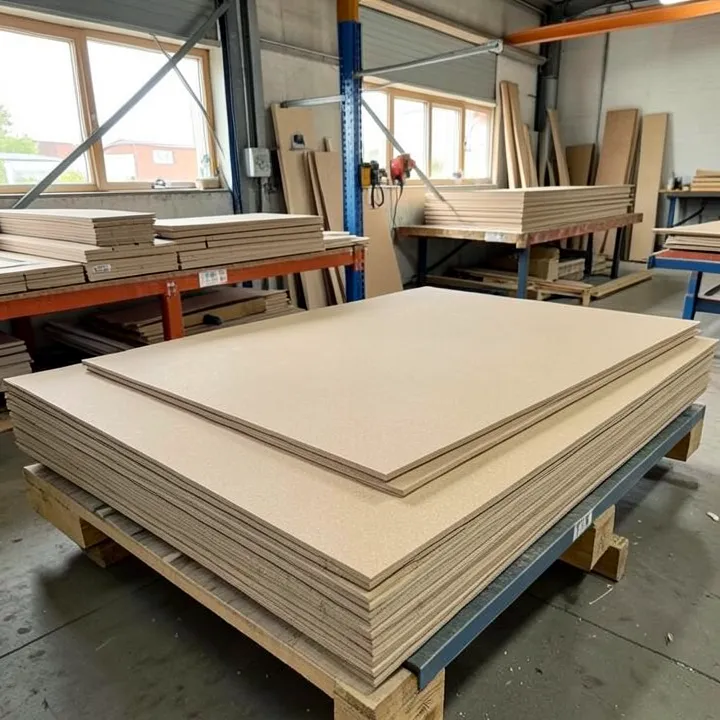 MDF and particleboard sheets stacked flat on warehouse storage racks MDF and particleboard sheets stacked flat on warehouse storage racks