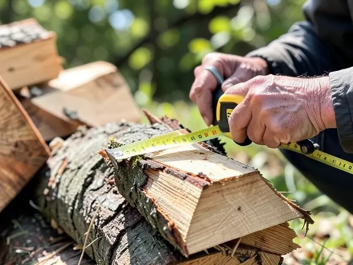 Measuring a stack of split firewood with a tape measure to verify the volume