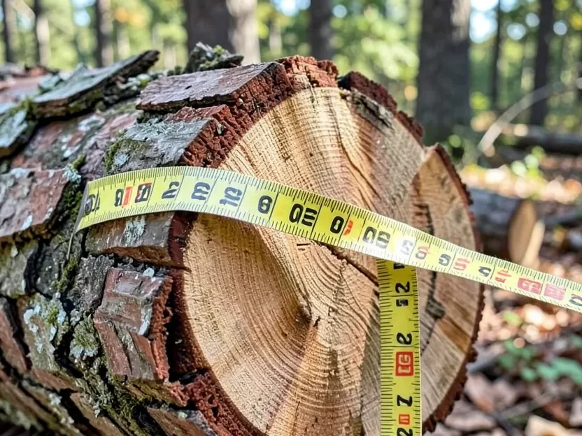 Measuring a log's diameter with a logger's diameter tape before calculating its weight