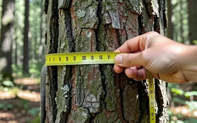 Hand wrapping a diameter tape around a tree trunk to measure timber volume Hand wrapping a diameter tape around a tree trunk to measure timber volume