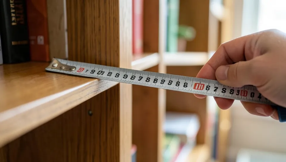 Measuring a wooden bookshelf's dimensions with a tape measure