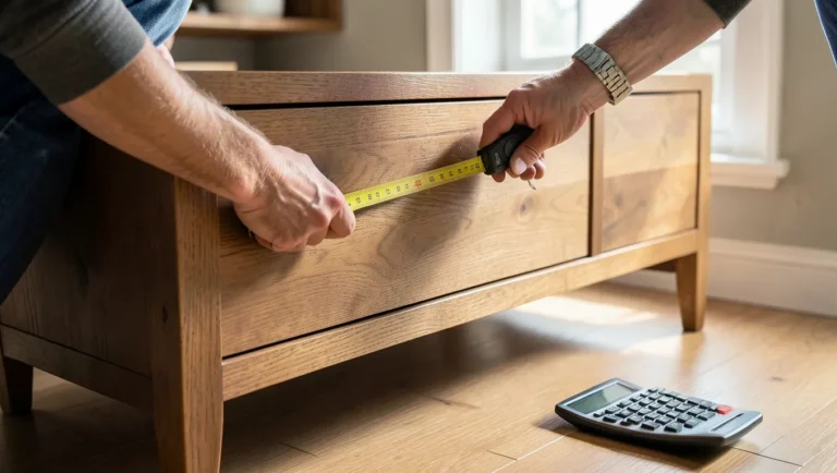 Measuring a solid wood dresser with a tape measure to estimate its weight