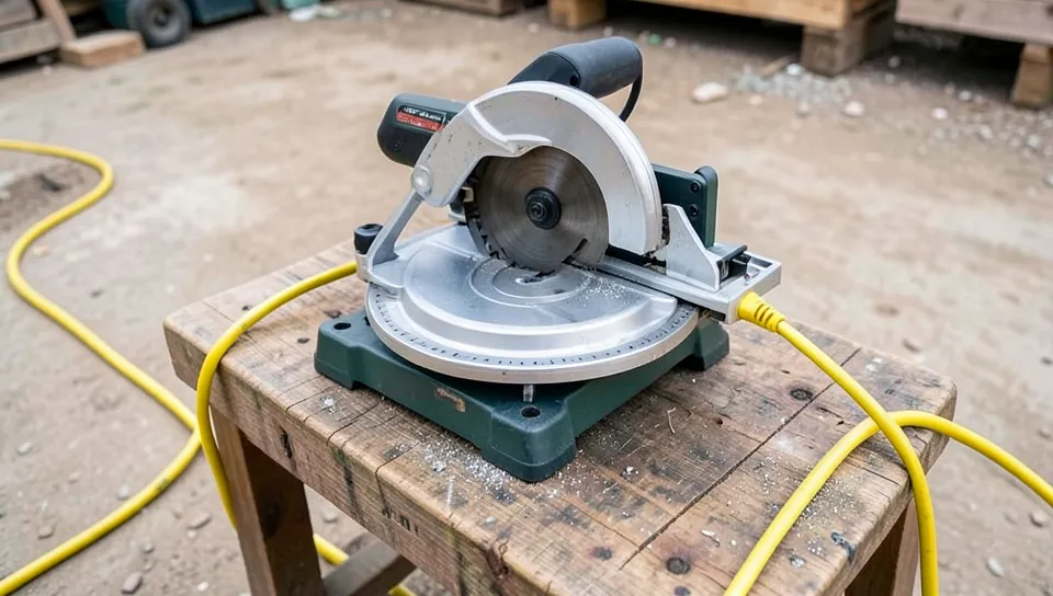 Miter saw plugged into an outdoor extension cord on a job site