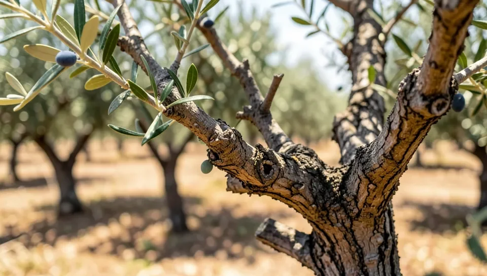 Mature olive tree branches in a Mediterranean orchard, the source of wood used for olive wood kitchenware