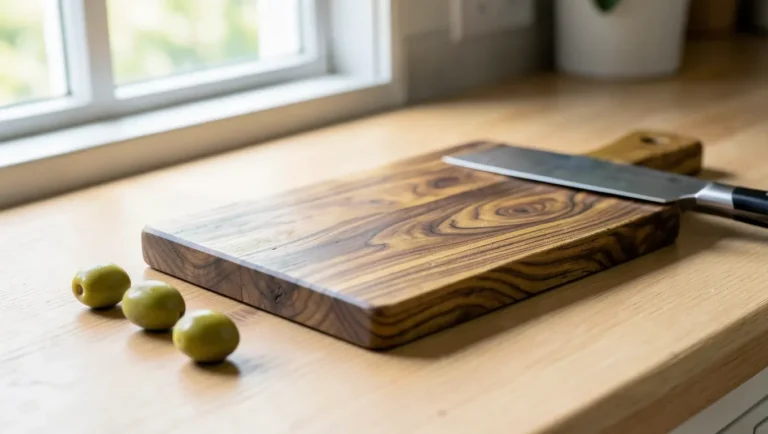 Olive wood cutting board with distinctive swirling grain on a kitchen counter next to fresh olives and a chef knife