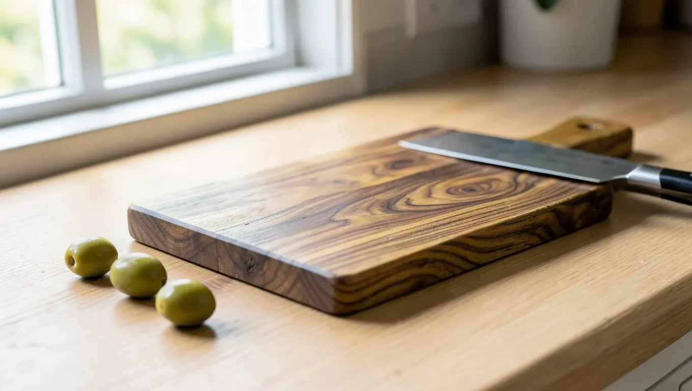 Olive wood cutting board with distinctive swirling grain on a kitchen counter next to fresh olives and a chef knife
