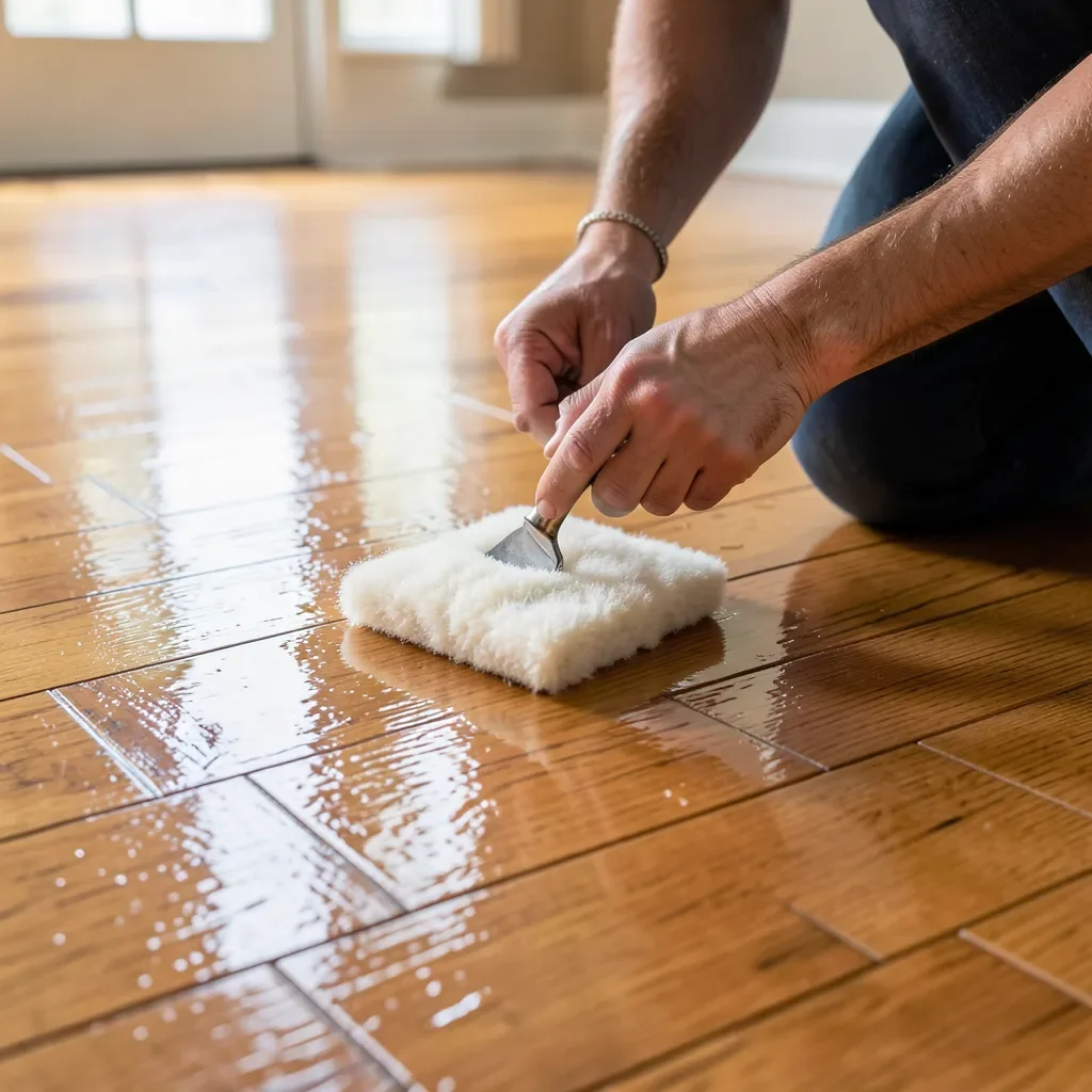 Applying polyurethane finish to a hardwood floor with a lambswool applicator