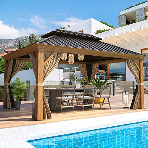 EROMMY 12x14 gazebo wooden finish coated aluminum frame double galvanized steel hardtop roof