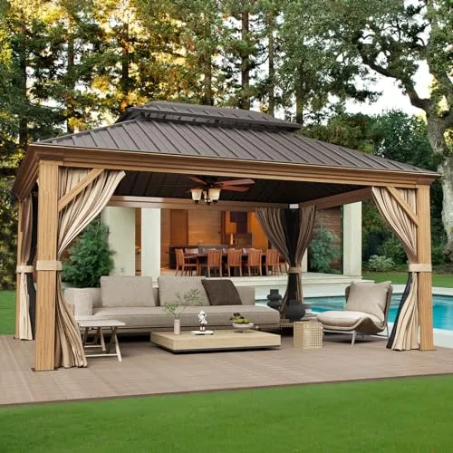 YOLENY 12x14 hardtop gazebo wooden finish coated aluminum frame galvanized steel double roof