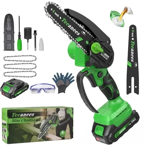 TEEANEES Mini Chainsaw Cordless, 6-Inch Small Electric Chainsaw with 21V Battery and 3 Chains