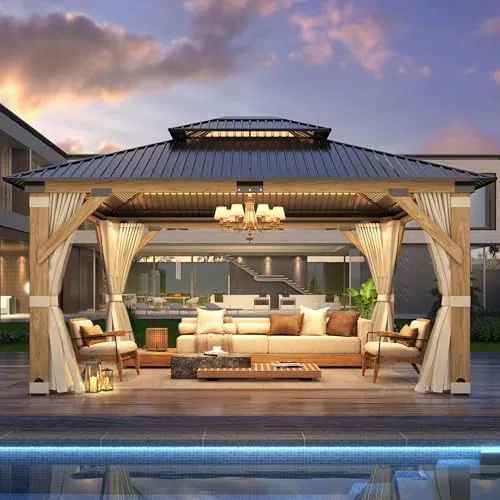 GARTOO 13x15 patio wooden gazebo galvanized steel roof curtains netting