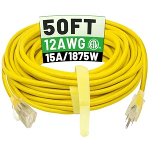 POWGRN 50 foot 12 gauge outdoor extension cord, yellow