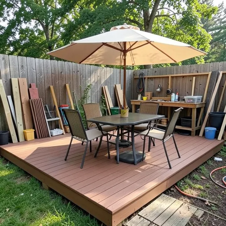 Backyard deck with outdoor furniture and umbrella showing typical composite decking installation