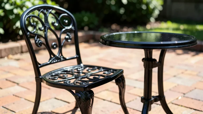 Freshly repainted wrought iron patio chair and table in glossy black enamel on a sunny patio