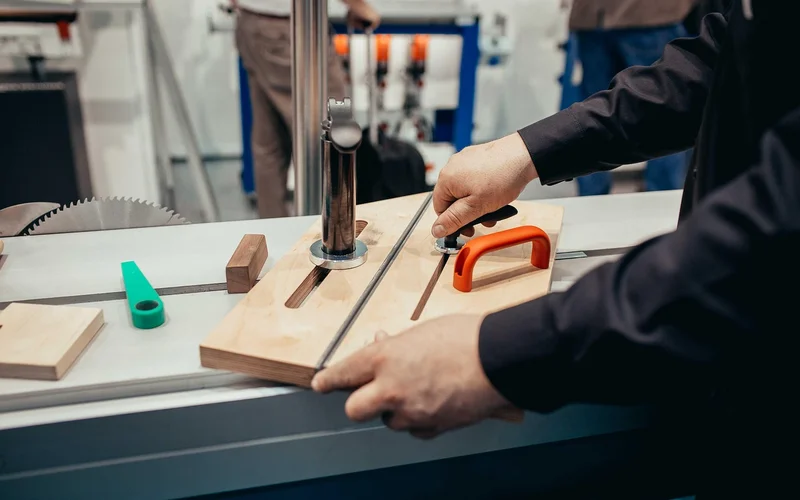 Precision saw setup with wood workpiece clamped and measured before cutting